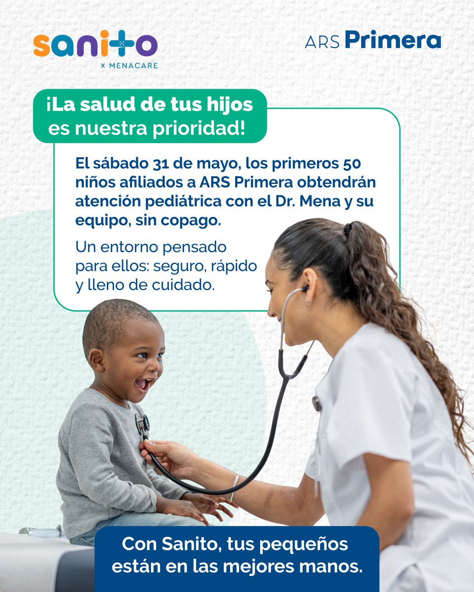 ¡Sanito ya está listo para recibir a nuestros pequeños!

En alianza con el @drmena_ped, los primeros 50 niños afiliados a ARS Primera recibirán atención pediátrica sin copago, solo debes llevar el carnet del pequeño y la cédula de uno de los padres.