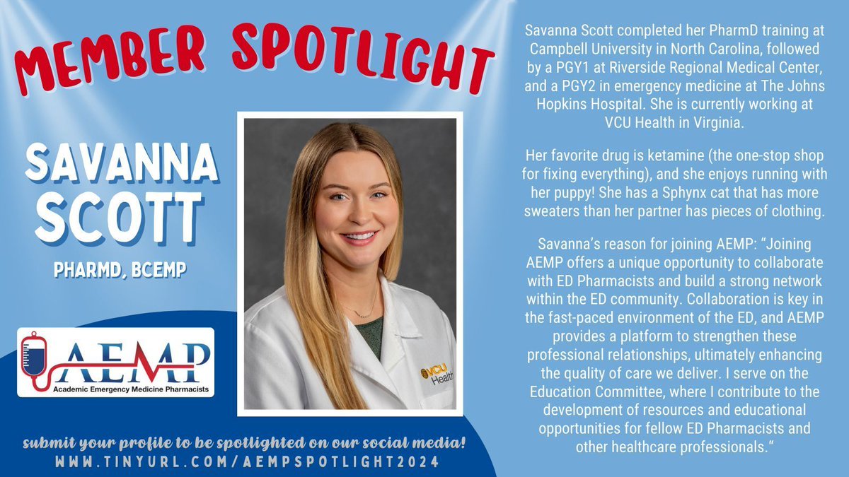 🚨Member Spotlight Monday!

💡Member Spotlight -- Savanna Scott, PharmD, BCEMP 

📝Sign up to be featured in a future member spotlight. buff.ly/4hCXZVR

#AEMP #AEMPlify #EMRx