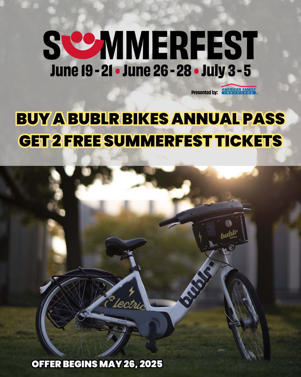 🇺🇸 Happy Memorial Day, Milwaukee! 🚲

As we honor those who served, we’re also kicking off summer with a special offer:
Starting TODAY (May 26, 2025), when you buy a Bublr Annual Pass, you’ll get 2 FREE Summerfest tickets! 🎟️🎉

Ride all year. Celebrate summer.