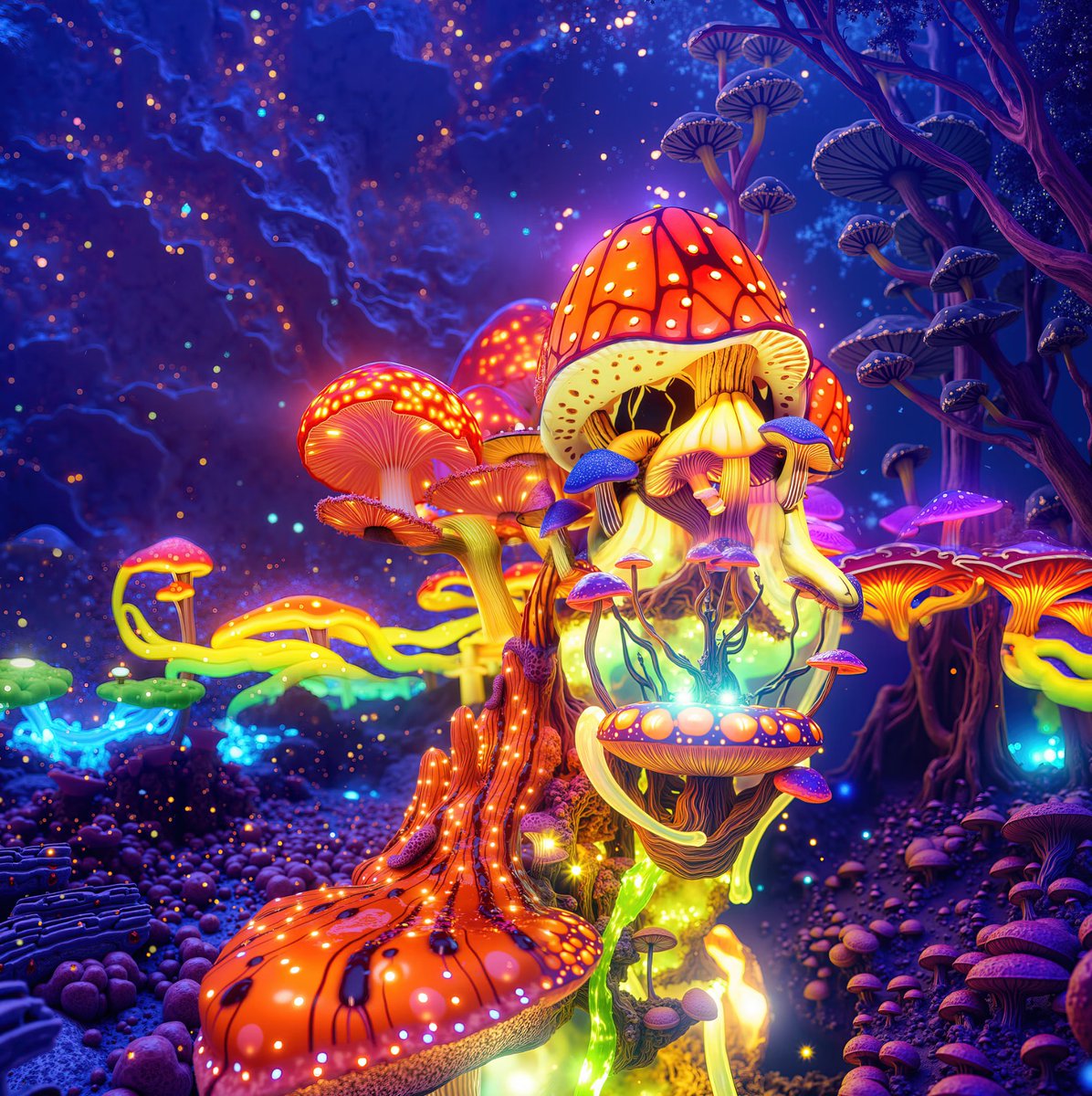 Like a scene from Avatar this Fly Agaric Mushroom <a href="/AIPESnft_/">AIPES NFT</a> beams out rainbows.

Don't touch him unless you want the trip of your life.

Look Closer...