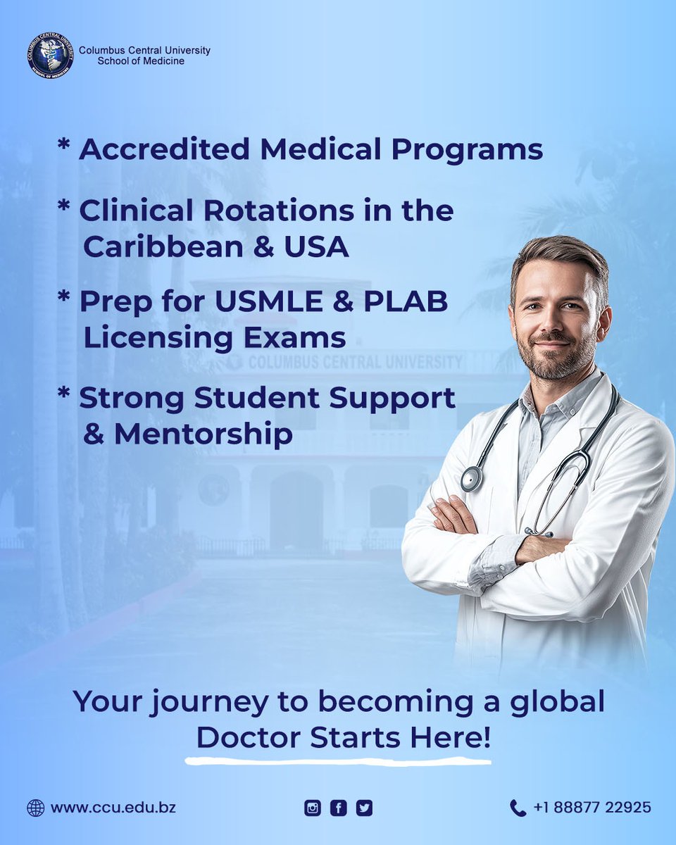 columbus_univ's tweet photo. 🌍 Why choose CCUSOM?
✅ Accredited MD programs
✅ Clinical rotations in the Caribbean & USA
✅ USMLE & PLAB prep
✅ 1:1 mentorship & strong student support
Your global medical journey starts here → https://t.co/ZhRHbOaHjh
#ccu #medschool #usmleprep #plabprep #Belize https://t.co/ijMRfHEyAb