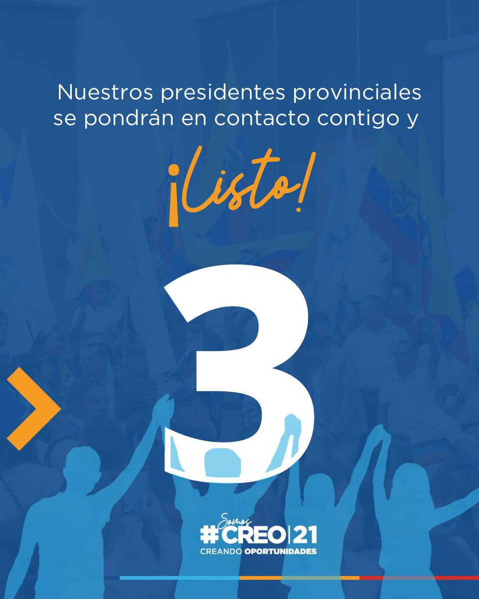 ✨ ¡ÚNETE AL CAMBIO CON CREO! ✨

Del 26 de mayo al 8 de junio, tienes la oportunidad de afiliarte a #CREO21 y ser parte del movimiento que cree en un mejor Ecuador. 💪🇪🇨

👉 ¿Cómo hacerlo?
✅ Síguenos en nuestras redes sociales.
✅ Déjanos tus datos de contacto.
✅ Te conectamos