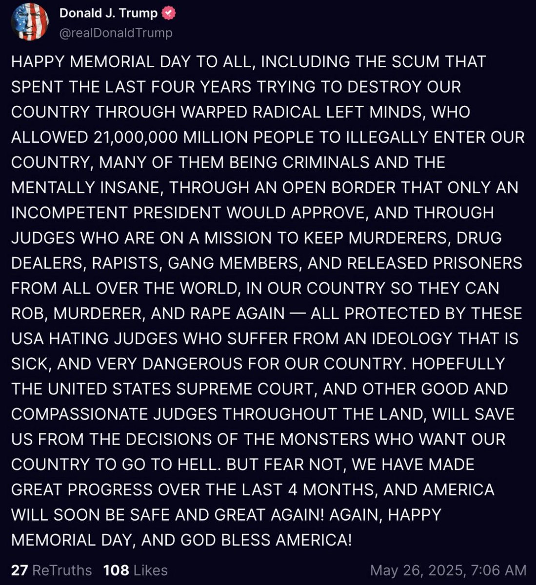 No President disrespects our troops more than Trump does. He called American service members who died in war “losers &amp; suckers.” His Memorial Day message here is no surprise bcuz today is about something Trump has ZERO understanding of - sacrifice. Trump is the antithesis of