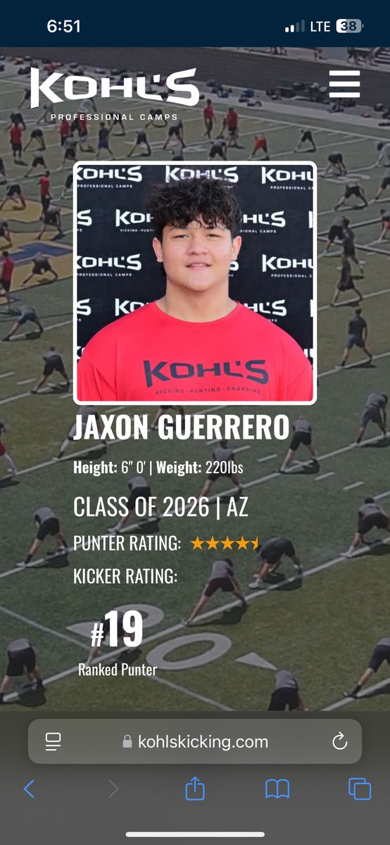 Jaxon Guerrero (@jaxonguerrero07) on Twitter photo Happy to be the 19th ranked punter in 🇺🇸 following a great performance at my last <a href="/KohlsKicking/">Kohl's Kicking Camps</a> camp. Job is not finished. Still have much to prove. Excited for summer!
Link to chart film: youtube.com/watch?v=2v7i-k…
<a href="/Coach_Radke/">Luke Radke</a> <a href="/CoconinoFB/">Coconino Panther Football</a> <a href="/Coach_LaPlante/">Coach LaPlante</a> <a href="/JUSTCHILLY/">Just Chilly</a> Happy to be the 19th ranked punter in 🇺🇸 following a great performance at my last <a href="/KohlsKicking/">Kohl's Kicking Camps</a> camp. Job is not finished. Still have much to prove. Excited for summer!
Link to chart film: youtube.com/watch?v=2v7i-k…
<a href="/Coach_Radke/">Luke Radke</a> <a href="/CoconinoFB/">Coconino Panther Football</a> <a href="/Coach_LaPlante/">Coach LaPlante</a> <a href="/JUSTCHILLY/">Just Chilly</a>