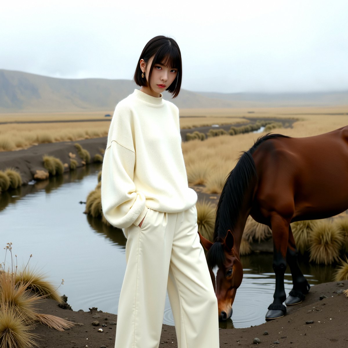 D_studioproject's tweet photo. LetzAI Prompt :

A fashion editorial photo of an model wearing baggy cream trousers and a white sweater, standing next to a river in Iceland. A brown horse is drinking water from the stream. The style is minimalistic, with an editorial photography.

#letzai #AIイラスト #AIart https://t.co/bokMj3EWJj