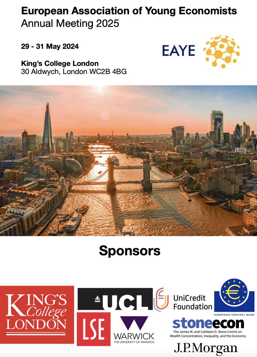 EAYE (@eayeconomists) on Twitter photo Excited to share the program for the European Association of Young Economists Annual Meeting 2025 is OUT NOW!
Looking forward to seeing you all <a href="/KingsCollegeLon/">King's College London</a> London on May 29โ31! Excited to share the program for the European Association of Young Economists Annual Meeting 2025 is OUT NOW!
Looking forward to seeing you all <a href="/KingsCollegeLon/">King's College London</a> London on May 29โ31!