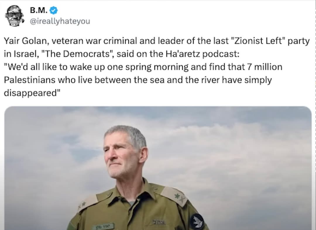 lukhachatryan's tweet photo. Israeli official: we want 7 million Palestinians to disappear. https://t.co/0rjTEl2oKa