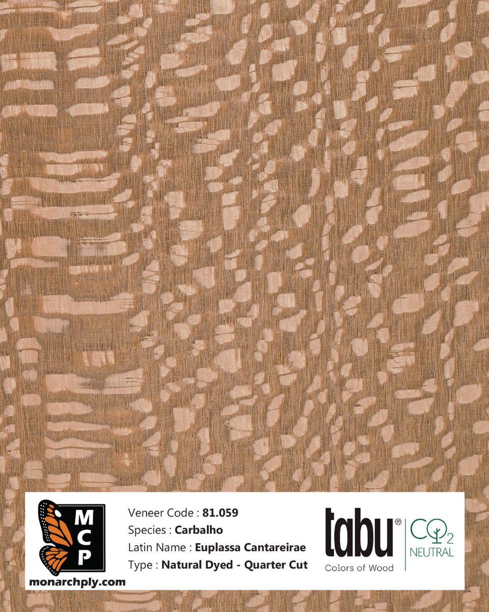 MonarchPlywood's tweet image. TABU 81.059 is bold by nature.
Quarter cut Carbalho with a dynamic, organic pattern—naturally dyed for tonal control and CO₂ Neutral certified.
Ideal for statement walls, luxury millwork, and distinctive interiors.
#TABUveneers #Carbalho  #DesignMaterials