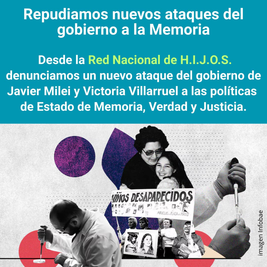 "Desde la Red Nacional de H.I.J.O.S. denunciamos un nuevo ataque del gobierno de Javier Milei y Victoria Villarruel a las políticas de Estado de Memoria, Verdad y Justicia."

facebook.com/share/p/16g2sk…