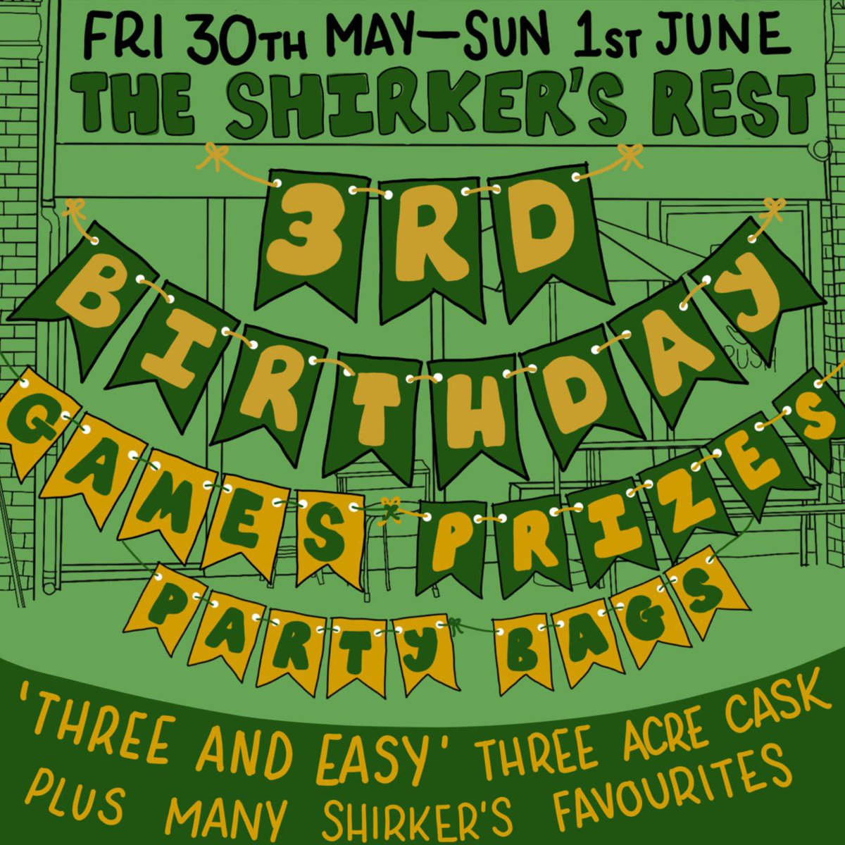 TheShirkersRest's tweet photo. Next weekend we are, somehow, three years old!
Join us for games, prizes, a special beer and a line-up of all-time Shirker’s cask favourites including Track, Redwillow and Elusive breweries.
Starts Friday 🍻
#threeandeasy https://t.co/4stWZKWR3h