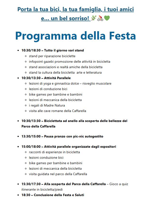 Bella la FESTA DELLA BICICLETTA, ma io non ho la bici.
NESSUN PROBLEMA! Sono tante le attività da poter fare anche senza la bici: yoga, passeggiate, mostre fotografiche e tanto altro
E se proprio vuoi pedalare troverai anche bici da affittare
Che aspetti!?
festadellabicicletta.it