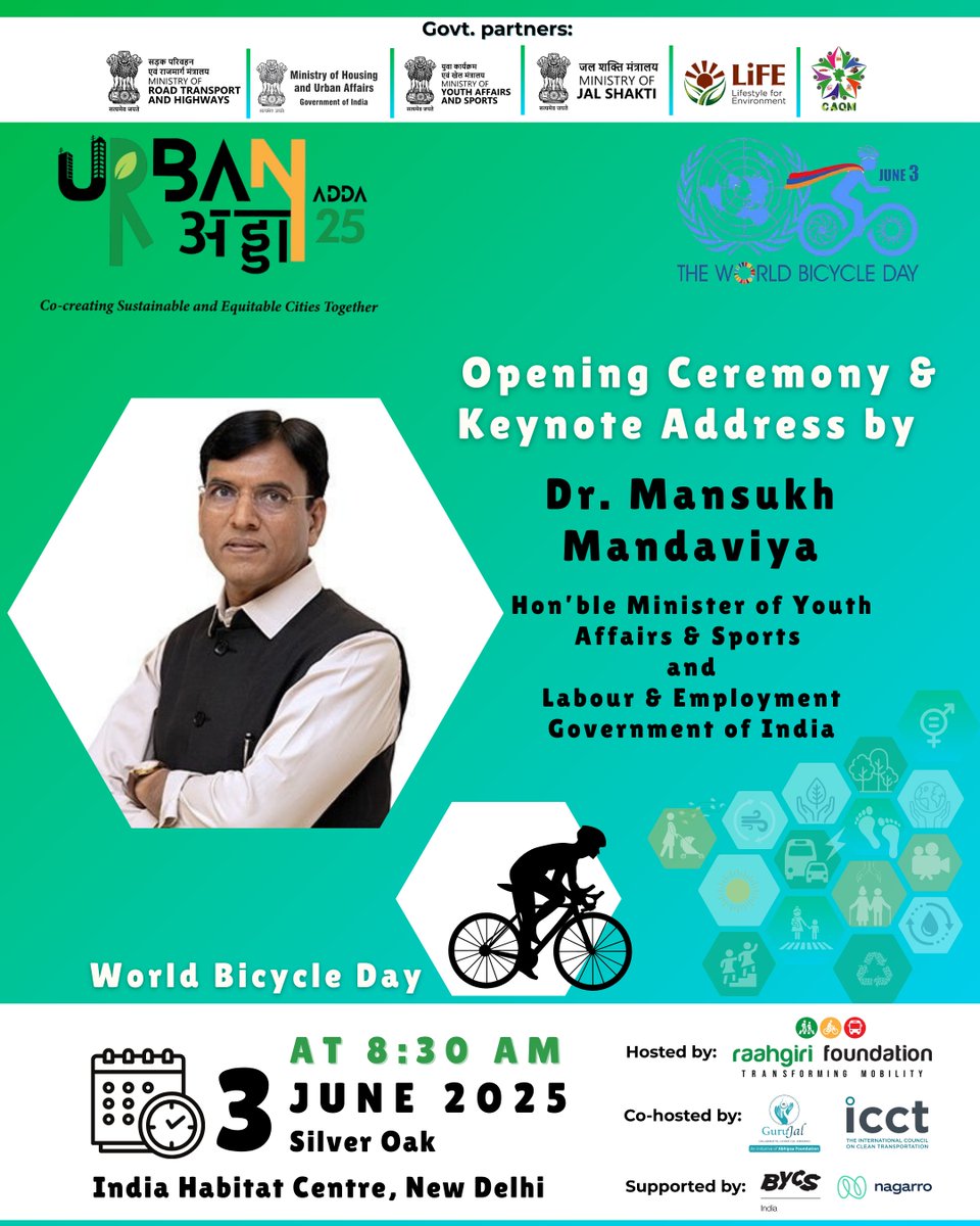 Raahgiri Foundation (@raahgiri_fdn) on Twitter photo Honoured to have Dr. Mansukh Mandaviya (<a href="/mansukhmandviya/">Dr Mansukh Mandaviya</a>), Hon’ble Minister of Labour & Employment and Youth Affairs & Sports (<a href="/OfficeOf_MM/">Office of Dr Mansukh Mandaviya</a>), Government of India, join us for the opening ceremony and deliver the keynote address at #UrbanAdda - World Bicycle Day Special on June 3 Honoured to have Dr. Mansukh Mandaviya (<a href="/mansukhmandviya/">Dr Mansukh Mandaviya</a>), Hon’ble Minister of Labour & Employment and Youth Affairs & Sports (<a href="/OfficeOf_MM/">Office of Dr Mansukh Mandaviya</a>), Government of India, join us for the opening ceremony and deliver the keynote address at #UrbanAdda - World Bicycle Day Special on June 3