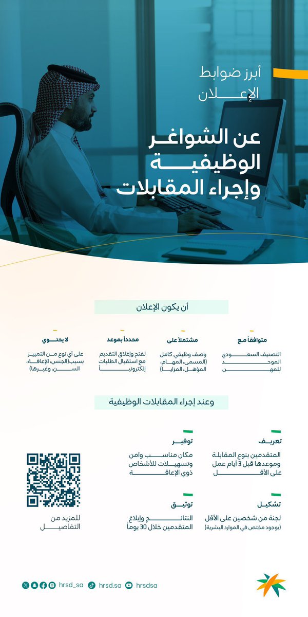 أبرز ضوابط الإعلان عن الشواغر الوظيفية وإجراء المقابلات. 

#شواغر_وظيفيه #نظام_العمل