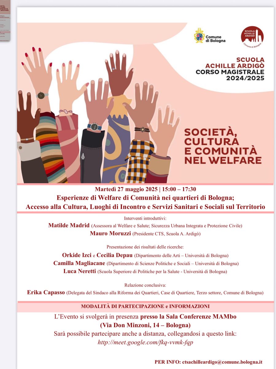 Scuola Achille Ardigo del Comune di Bologna. Lezione Magistrale: “Esperienze di welfare di comunità nei quartieri di Bologna”. La lezione è in presenza, ma è possibile anche seguirla online a questo link: lnkd.in/dNZ3rerR