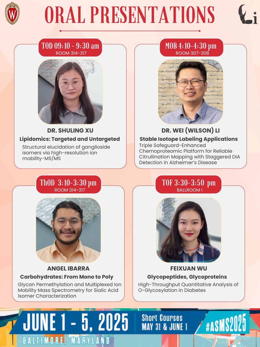 LiResearch's tweet image. #ASMS2025 is around the corner and we can&apos;t wait to share our latest MS research with you 🥳🥳🥳 Check out the special presentation of our PI @LingjunLi2 at the @bsi_peaks User Meeting, 4 exciting orals and 22 informative posters from our lab this year 🤓🤓🤓