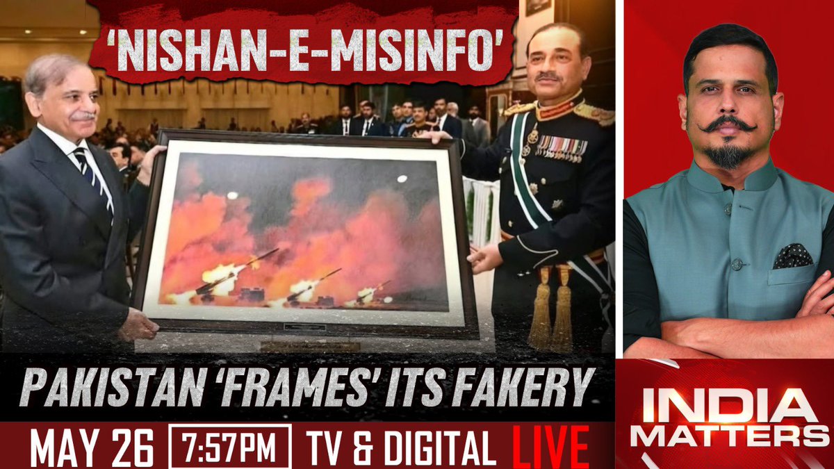 ‘Nishan-e-Misinformation’

Can’t make this shit up—‘Field Marshal’ Asim Munir gifts PM Shehbaz a photoshopped photo of 2017 Chinese war drills as memento of Pak retaliation to Indian strikes.

This is what Pak taxpayers are paying for.

7.57pm, <a href="/ndtv/">NDTV</a>
#IndiaMatters