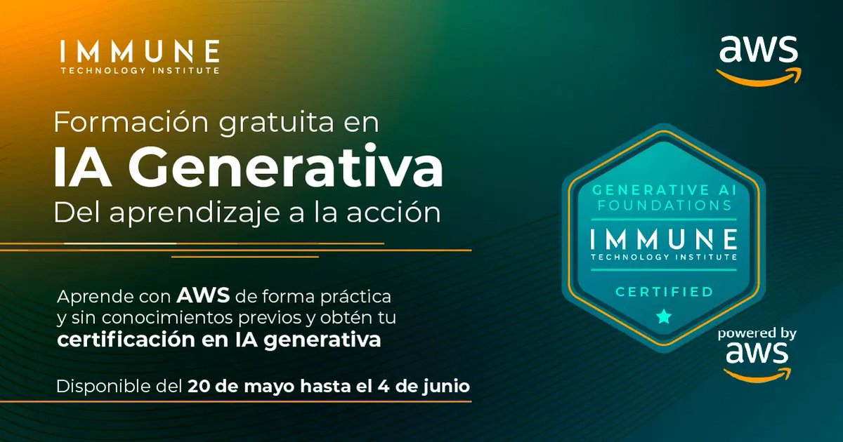 MoureDev's tweet image. AWS acaba de lanzar su curso de IA Generativa en colaboración con IMMUNE Technology Institute!

→ Gratis, online, en español y con certificado oficial por tiempo limitado.
→ 12 horas y 2 partes: una teórica y otra práctica
→ Hasta el 4 de junio

mouredev.link/immuneaws