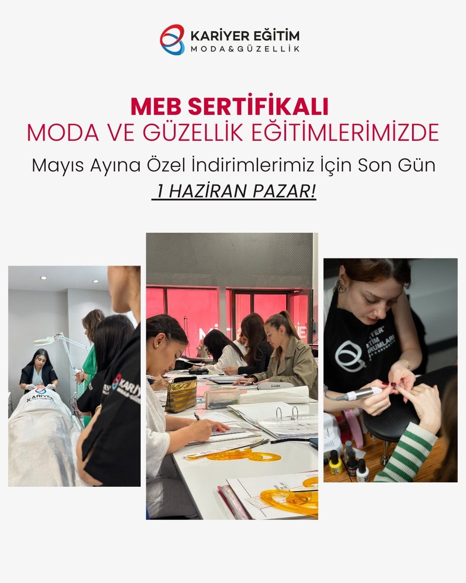 MEB Sertifikalı Moda ve Güzellik Eğitimlerimizde Mayıs Ayına Özel İndirimlerimiz İçin Son Gün 1 HAZİRAN PAZAR! 

1 Haziran Pazar Günü Saat 19:00'a Kadar, Nişantaşı ve Bakırköy Şubelerimizden Kayıt İşlemlerinizi Gerçekleştirerek İndirimlerden Faydalanabilirsiniz.

 Yoğunluktan