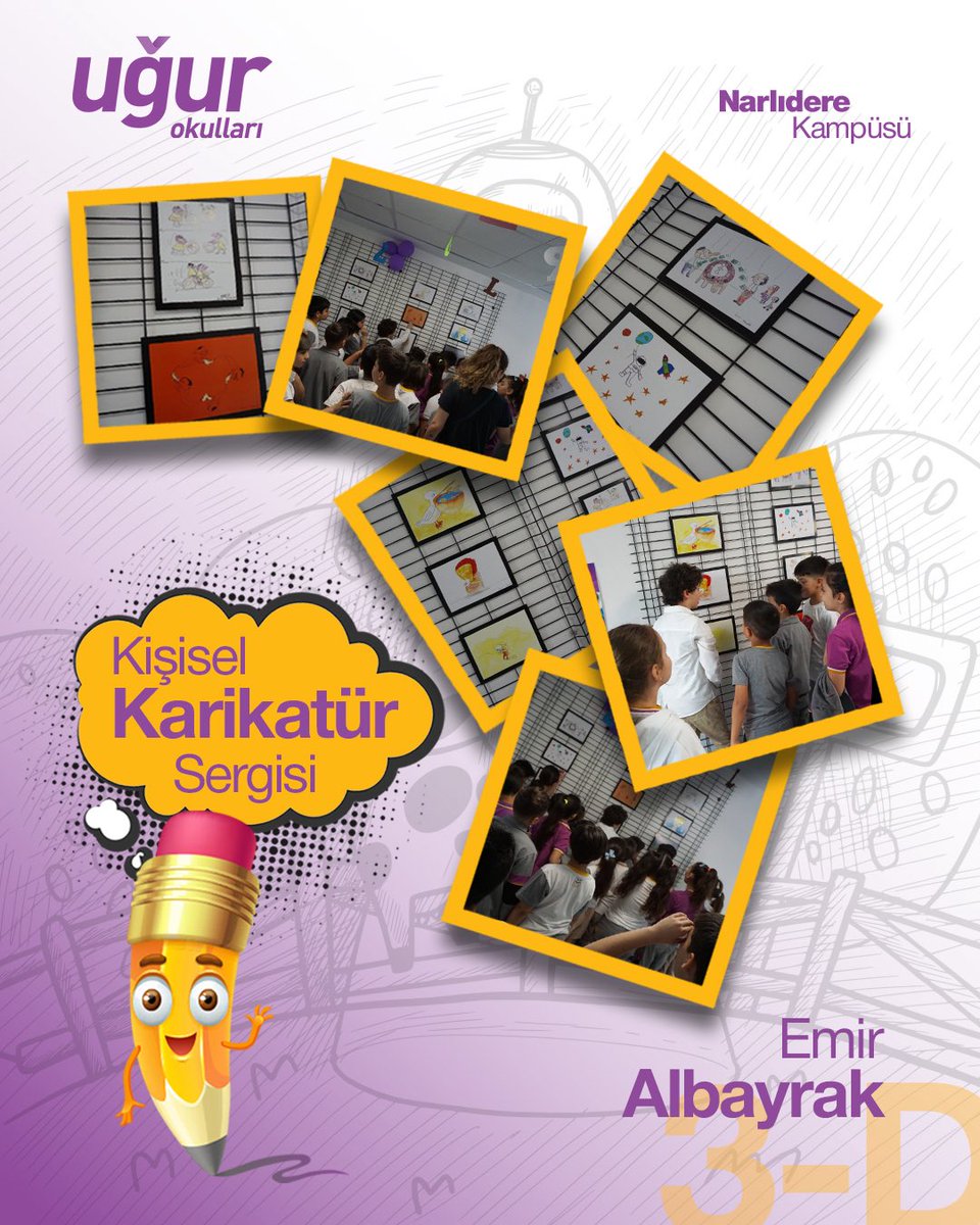 3D sınıfımızdan Emir Albayrak, okulumuzda açtığı ilk kişisel karikatür sergisi ile hem güldürdü hem düşündürdü!

Gözlem yeteneğini mizahla harmanlayan Emir, birbirinden özgün karikatürleriyle günlük hayatın içinden kareleri zekice yorumladı.
Birbirinden başarılı çizimler hem