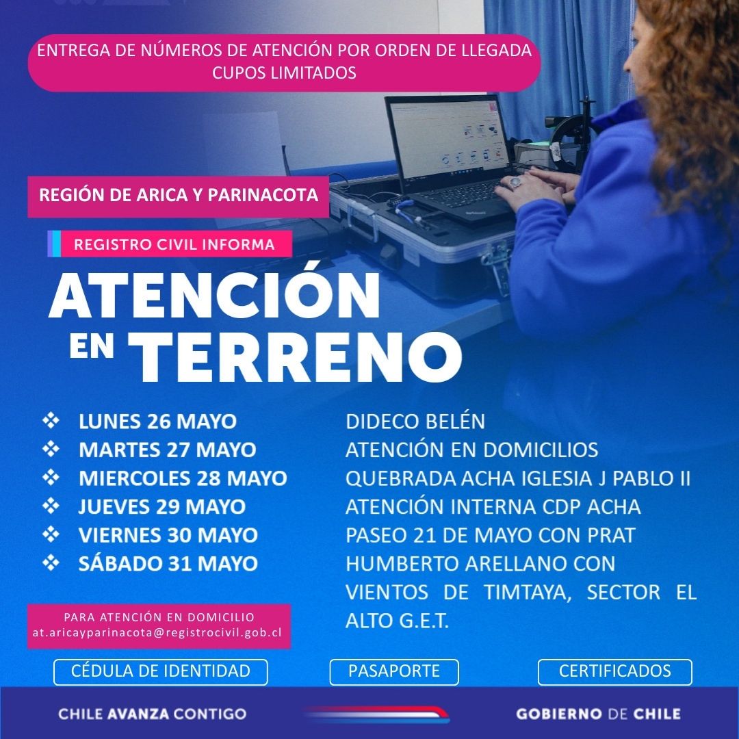 Regcivil_Arica's tweet photo. Muy buenos días vecinos y vecinas, les adjuntamos  el calendario semanal, del 26 al sabádo 31 de mayo. Importante llegar temprano, cupos son limitados. https://t.co/HPCvrszZUW