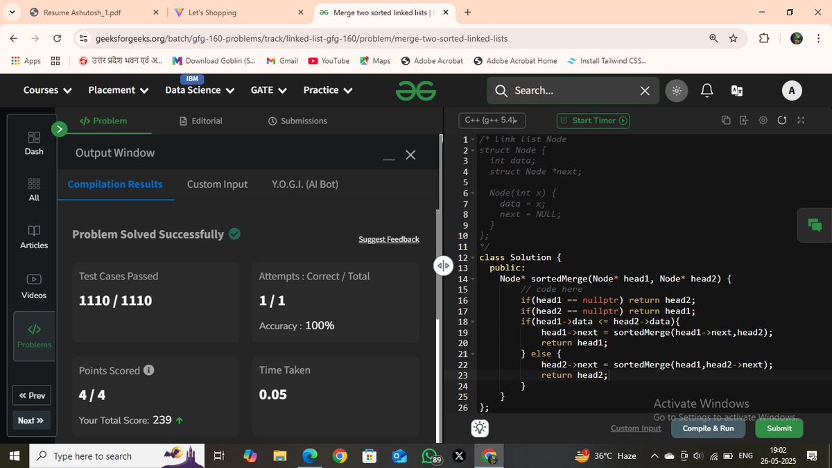 ashutosh_m03's tweet photo. Day 67 of my #GFG160DaysCodingChallenge ||| Merge two sorted linked lists !!!
#gfg160 #geekstreak2025 #geeksforgeeks #160DaysOfCode
@geeksforgeeks https://t.co/V8NiTJyZ6s