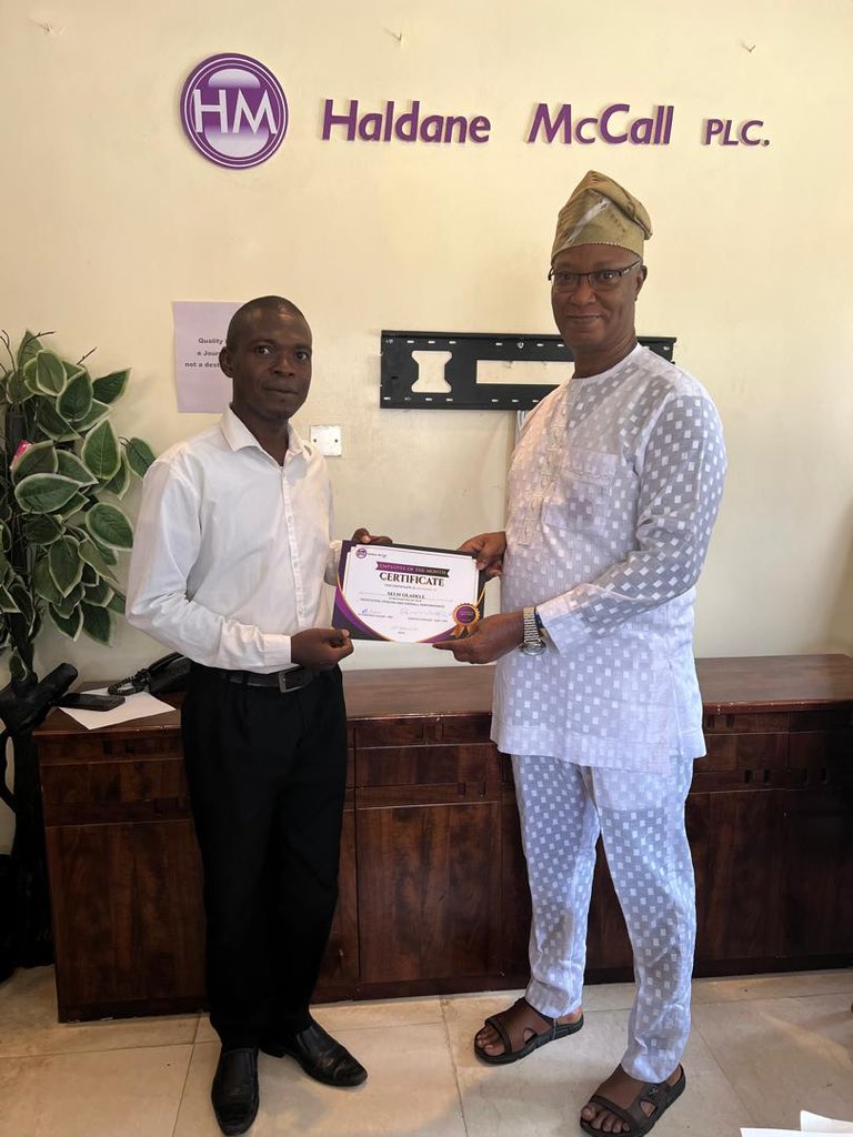 edwardakinlade's tweet photo. Haldane McCall plc 

Employee of the month awardees for the month of  April 2025 

1.Oladele   Seun T                                    (Haldane McCall PLC)
2.Ibrahim  Yusuf  Damilare                         (Suru Express plus G.R.A)
3.Bose  Taiwo Omogbeyin                          (Suru Express Hotel Surulere)
4.Abiodun  Pelumi                              (Suru Express plus Ikorodu)
5.Elijah   Chukwu Emmanuek                     (Suru Security Limited)