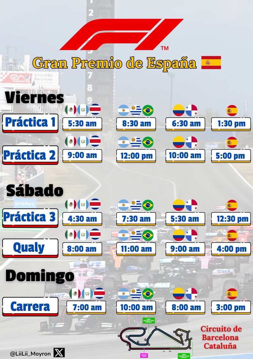 LiiLii_Moyron's tweet photo. RACE WEEK 💛❤️

Horarios para el GP de España 🇪🇦
Circuito de Barcelona -Cataluña
#SpanishGP #F1 https://t.co/8Jf64hgKOu