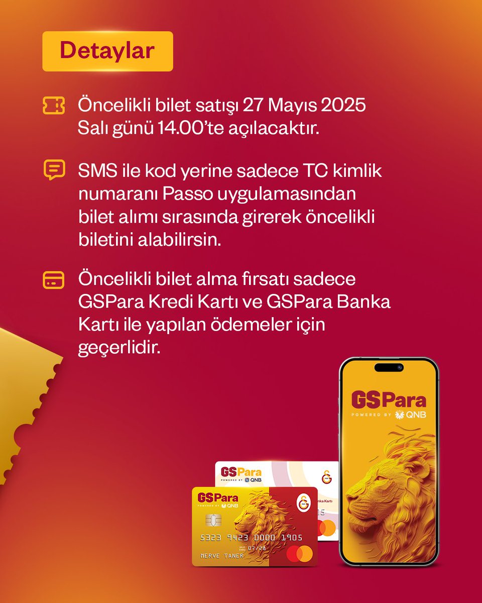 GSPara ile öncelikli bilet fırsatını kaçırma! 🔥 <a href="/GalatasaraySK/">#5YıldızlıŞampiyon ⭐️⭐️⭐️⭐️⭐️</a> 

• 30 Mayıs Cuma günü oynanacak Galatasaray – RAMS Başakşehir maçı için öncelikli bilet satışı 27 Mayıs Salı günü saat 14.00’te açılacaktır.

• SMS koduna gerek kalmadan, bilet satışı başladığında Passo üzerinden