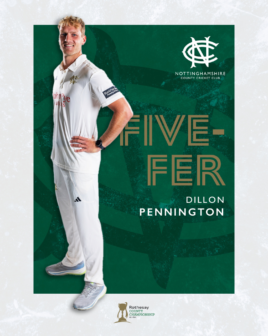 TrentBridge's tweet photo. FIVE FOR DILLON✋

Pennington removes Ben Coad for his second Notts Five-fer and leaves us just one wicket away from victory! 

Yorkshire 277/9 from 101 overs. 

#YORvNOT | 📺 https://t.co/odtZgMvjZm https://t.co/2bkjQvlT82
