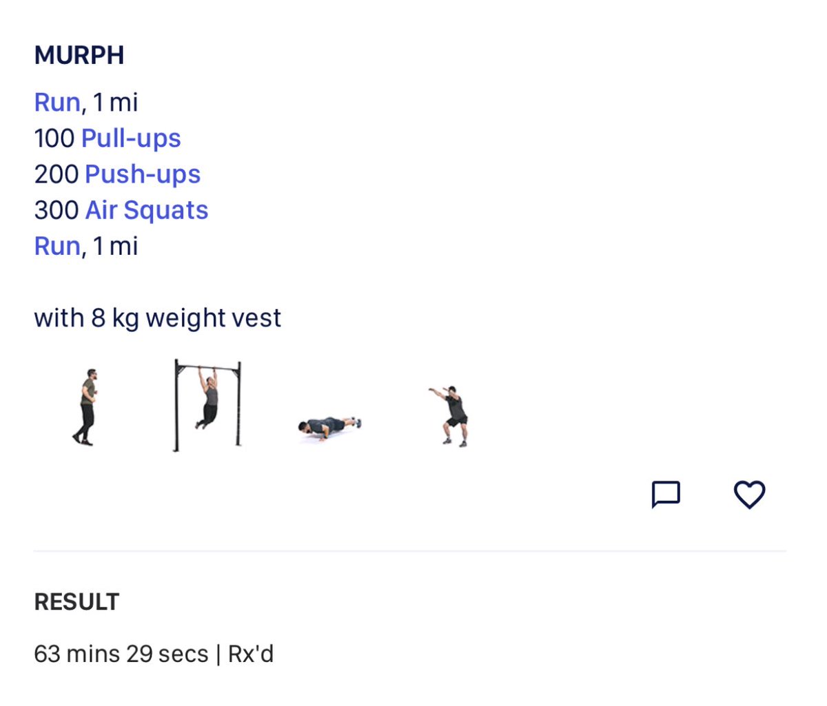 8kg weighted vest as I don’t own a 6.

Murph. If you know, you know 🫡