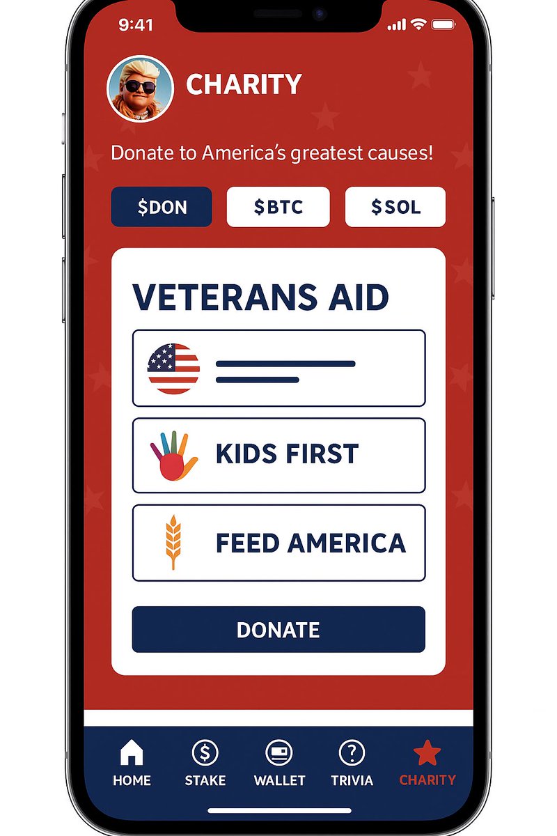 💸 BALLIN’ DON APP (BETA) COMIN’ IN HOT 🔥$DON token launching May 28!

You thought this was just memes and market moves?
Think again, champ. Don’s got a heart and a wallet.

👀 Check the Charity Screen — where you can toss $DON, $BTC, or $SOL at real causes:

🇺🇸 Veterans Aid
👶