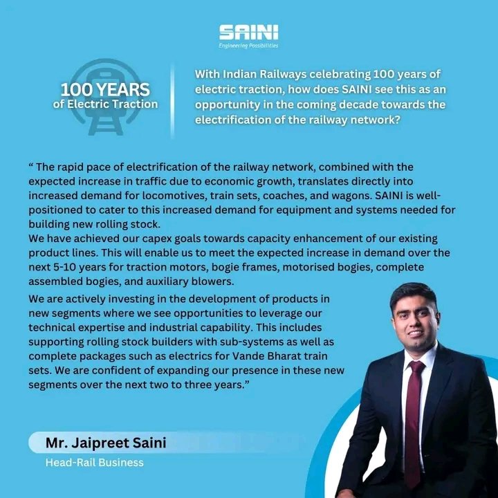 सैनी ग्रुप ऑफ कंपनीज– अनुकूलित समाधानों के साथ भारतीय रेल उद्योग को बदल रहा है। भारत में रेलवे कंपोनेंट्स का बाजार तेजी से बढ़ रहा है। इस विकास के मुख्य कारकों में अगली पीढ़ी के रोलिंग स्टॉक की तेजी से वृद्धि, 100 प्रतिशत विद्युतीकरण पर बढ़ता जोर और उच्च अश्वशक्ति वाले लोकोमोटिव