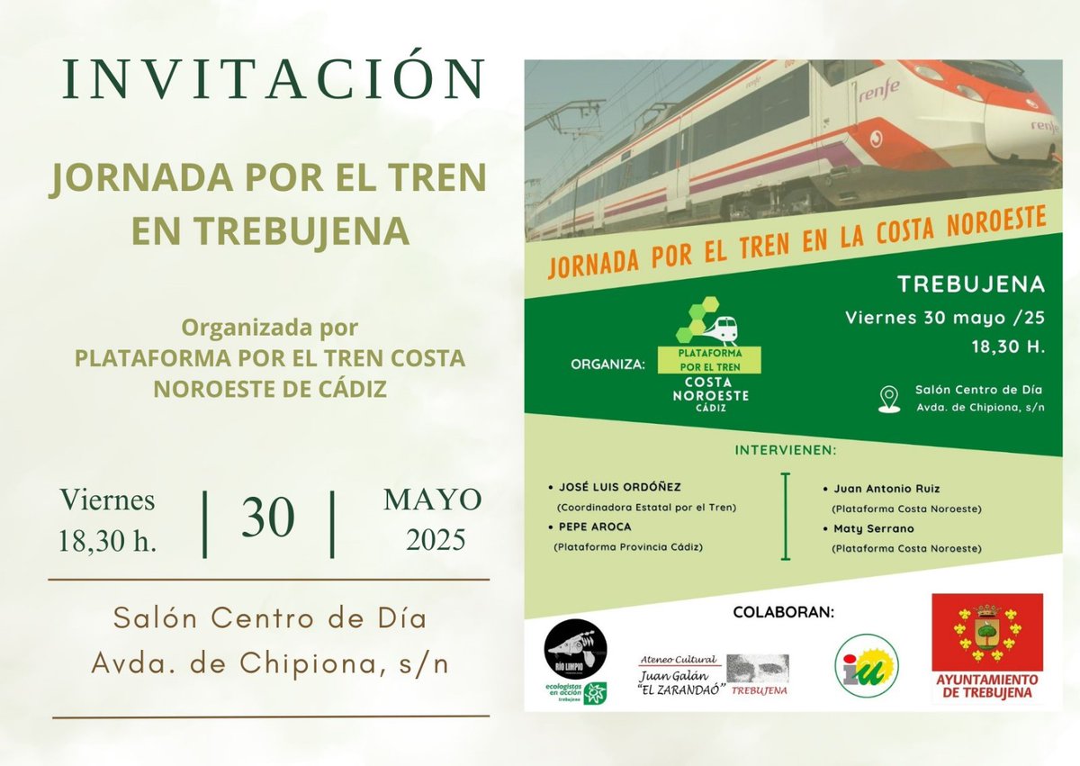 mareavioletasan's tweet photo. MAREA VIOLETA DE SANLÚCAR FORMA PARTE DE LA PLATAFORMA POR EL TREN COSTA NOROESTE.

ESTAIS TODAS INVITADAS A LA JORNADA INFORMATIVA DE LA PLATAFORMA POR EL TREN COSTA NOROESTE , EN TREBUJENA

UN TREN QUE VERTEBRE EL TERRITORIO Y ENFRÍE EL PLANETA.
¡OS ESPERAMOS EN TREBUJENA!

💚 https://t.co/5EyJGdjKZ5