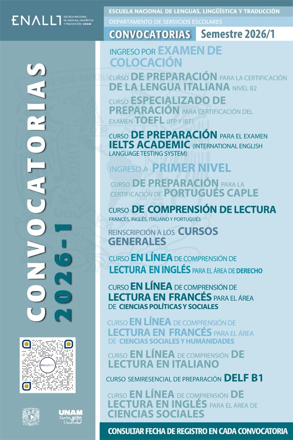 ¡¡¡Es hoy, es hoy!!! Regístrate a:
• Ingreso por examen de colocación
• ⁠Curso para TOEFL ITP y IBT
• ⁠Curso de lengua italiana Nivel B2
• ⁠Curso para IELTS Academic
• ⁠Curso de portugués CAPLE
Vista la página
 enallt.unam.mx/proximas-inscr…
para más información.