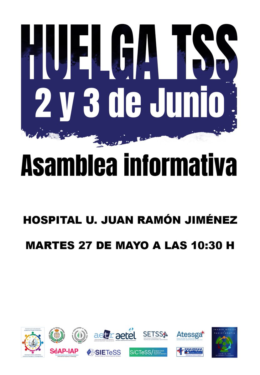 Asamblea informativa en el Hospital Universitario Juan Ramón Jiménez sobre la próxima huelga de Técnicos Superiores Sanitarios los días 2 y 3 de junio

info y carteles en 👉tinyurl.com/ypx294l3

❗Ayúdanos a difundir❗

#JuntosSomosMás #TSS #HuelgaTSS #JuntosTSS #Huelga