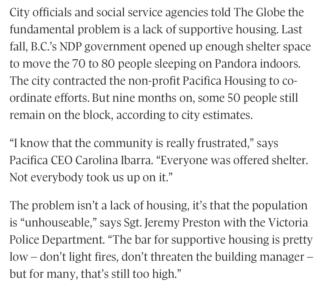 An interesting aspect of this long-form investigation into Victoria, BC's open-air drug market by The Globe and Mail's <a href="/NancySMacdonald/">Nancy Macdonald</a> is that it counters what many prominent activists argue: homelessness is solved simply by building more homes.

theglobeandmail.com/canada/article…