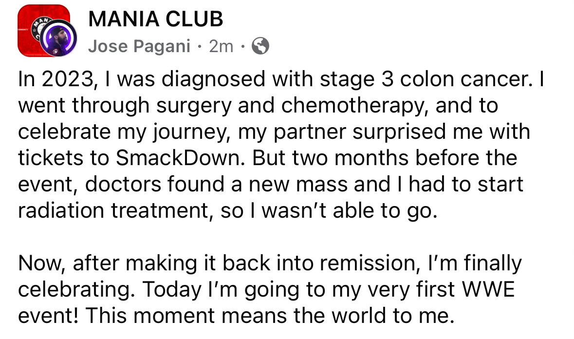 MANIACLUBWWE's tweet image. Jose shared his inspiring journey to ultimately becoming cancer free.
Congratulations on beating cancer and finally getting to celebrate at your first WWE event!