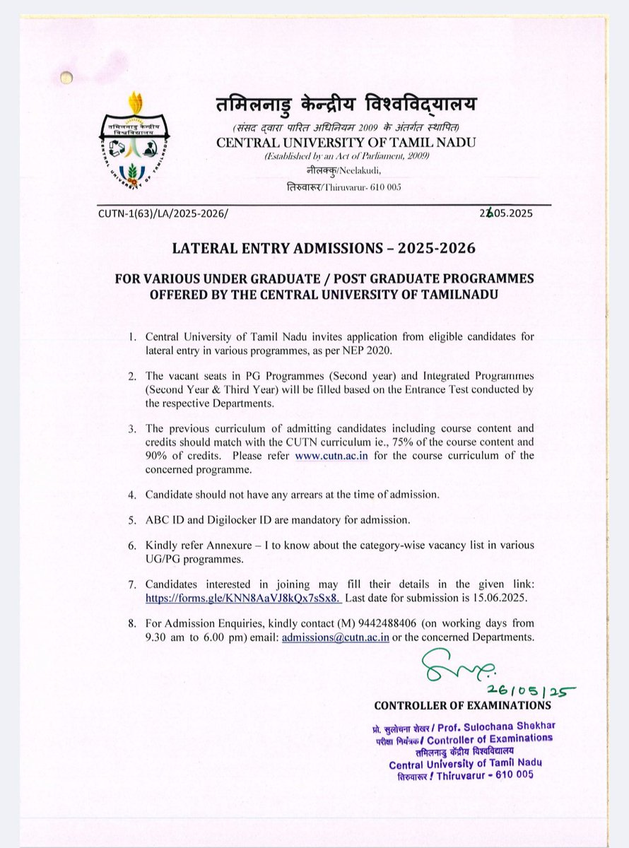 cutnofficial's tweet photo. #Lateral Entry Admissions AY 2025-2026 as per NEP 2020.
#Admission #UG #PG #CUTN https://t.co/kuBAJef9md