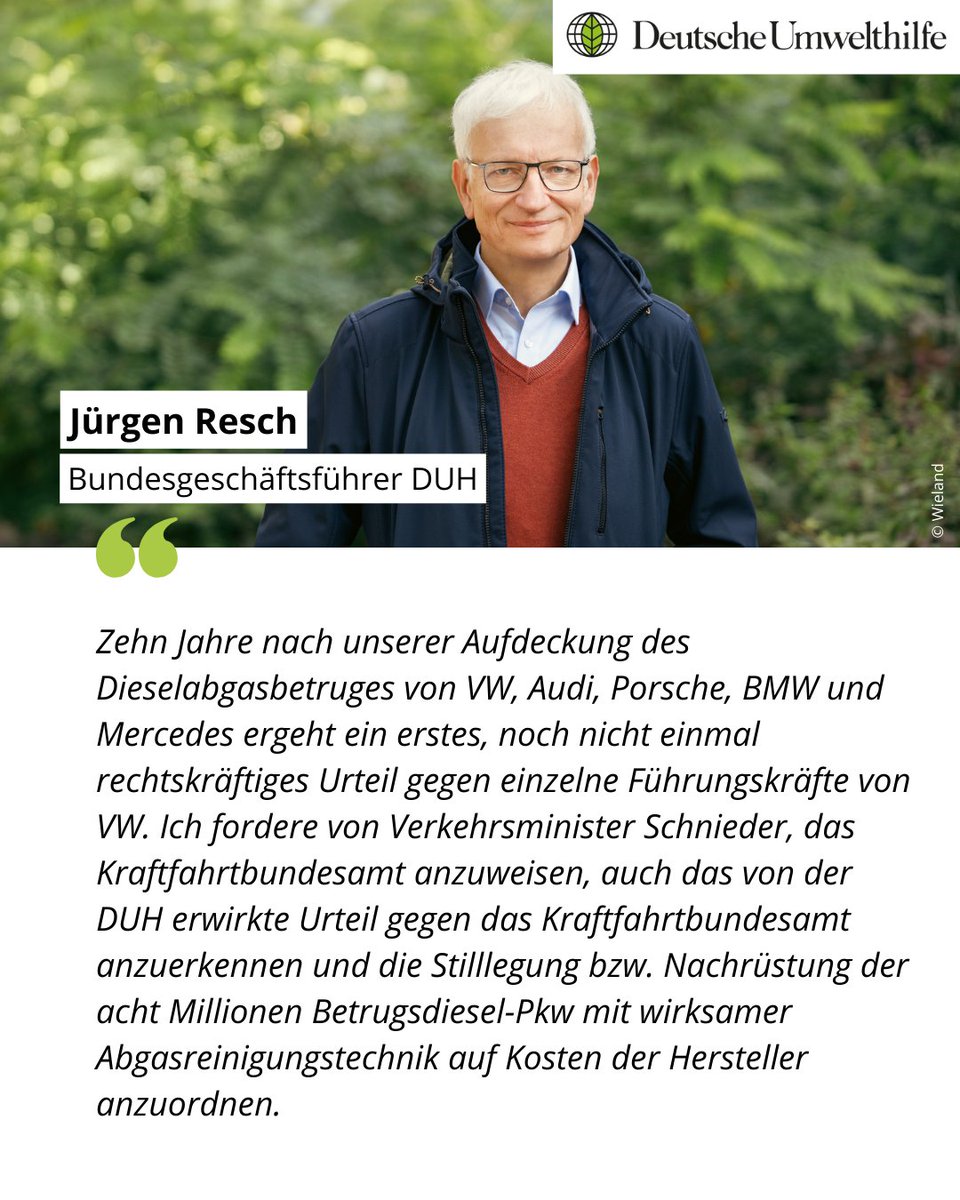 Deutsche Umwelthilfe (@umwelthilfe) on Twitter photo Wir fordern Verkehrsminister <a href="/PSchnieder/">Patrick Schnieder</a> auf, Diesel-Abgasbetrug ernst zu nehmen wie Landgericht Braunschweig, das heute ehem. VW-Manager wegen Betrugs verurteilt hat. Unsere gewonnenen Urteile vorm VG Schleswig mĂĽssen endlich umgesetzt werden! brnw.ch/21wSVMO Wir fordern Verkehrsminister <a href="/PSchnieder/">Patrick Schnieder</a> auf, Diesel-Abgasbetrug ernst zu nehmen wie Landgericht Braunschweig, das heute ehem. VW-Manager wegen Betrugs verurteilt hat. Unsere gewonnenen Urteile vorm VG Schleswig mĂĽssen endlich umgesetzt werden! brnw.ch/21wSVMO