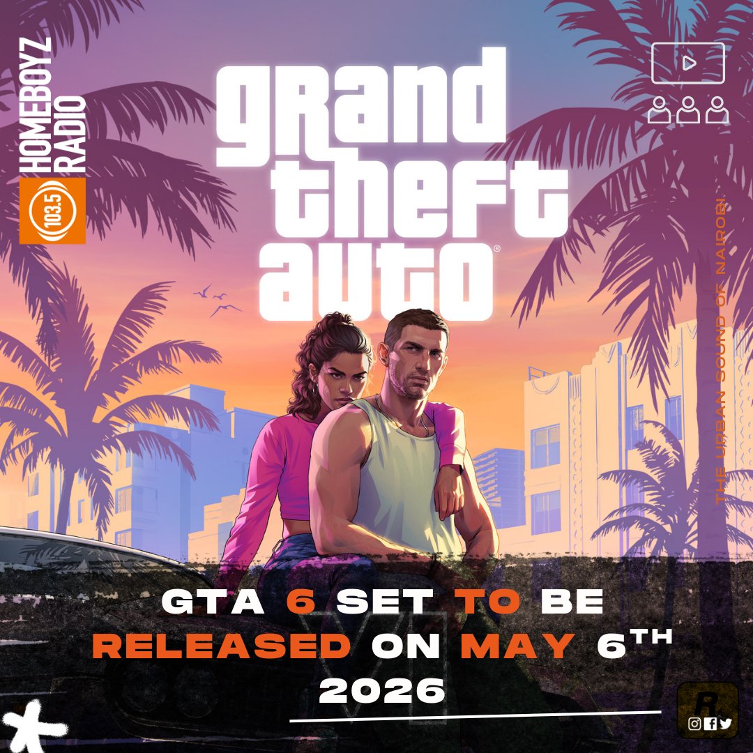 HomeboyzRadio's tweet photo. GTA 6 officially drops May 26, 2026 ๐ฎ๐ฅ
After 12 years, weโre finally getting out of Los Santos โ pack your bags and steal a car, itโs go time! ๐๐๐จ #GTA6 #HBRInteraction https://t.co/ZvASJCXCcW
