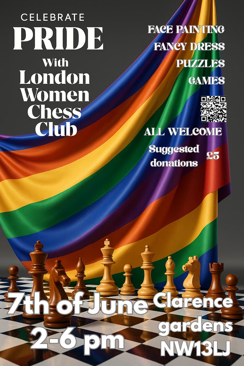 lwcc121's tweet photo. Celebrate Pride with London Women Chess Club on 7 June, 2–6pm at Clarence Gardens (NW1 3LJ).
Registration: https://t.co/hSVVeO5w58 https://t.co/pinj1XCj1F