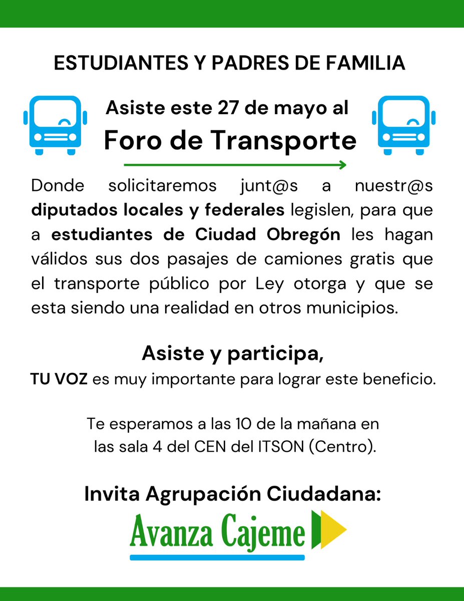Asiste al Foro de Transporte, te esperamos el próximo martes 27 de mayo en el ITSON Centro a las 10 de la mañana.

#cajeme
#Participa #Sumate
#AvanzaCajeme
#ForoDeTransporte