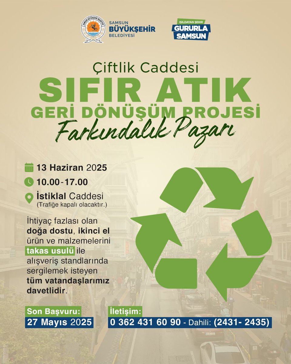Çiftlik Caddesi Sıfır Atık Dönüşüm Projesi Farkındalık Pazarımız’da hemşehrilerimiz ile bir araya geliyoruz. 🛍️

İhtiyaç fazlası, geri dönüştürülebilir, ikinci el ve çevre dostu ürünlerin takas usulüyle hayat bulacağı bu özel pazarda doğaya saygı ve sürdürülebilirliğe birlikte