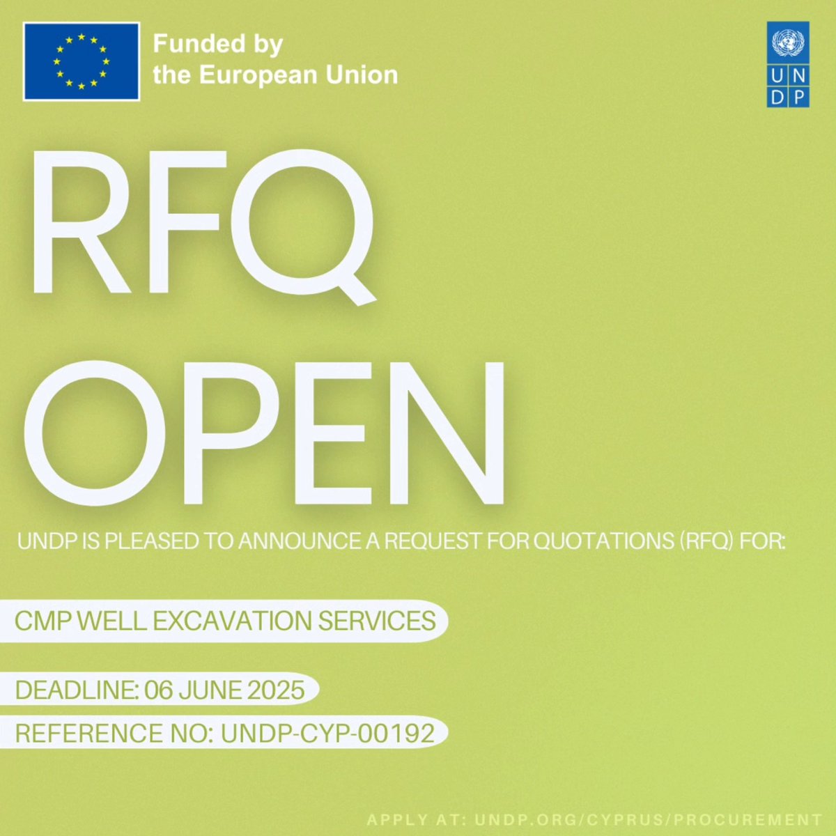 UNDPCY's tweet image. Respond to a Request for Quotations (RFQ)✍️ for &apos;CMP Well Excavation Services&apos;

🗓Deadline: 06 June 2025
📍Reference No: UNDP-CYP-00192
procurement-notices.undp.org/view_negotiati…

📎Access all available tenders from here: undp.org/cyprus/procure…