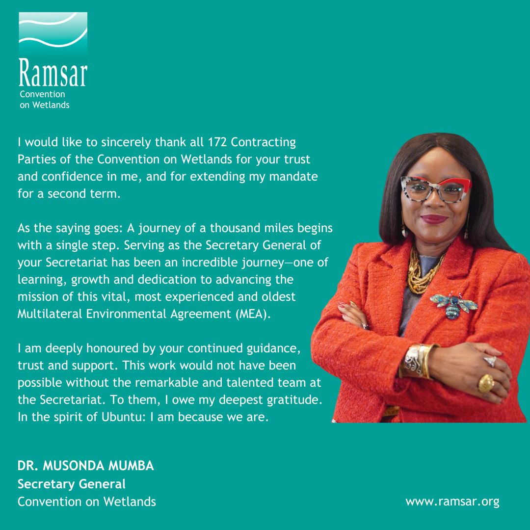 Convention on Wetlands (@ramsarconv) on Twitter photo Exciting News! Dr Musonda Mumba's term as the Secretary General of the Convention on Wetlands has been extended for a second term.
As the saying goes: A journey of a thousand miles begins with a single step and in the spirit of Ubuntu: I am because we are. <a href="/MumbaMusondam/">Dr. Musonda Xoliswa Mumba</a> Exciting News! Dr Musonda Mumba's term as the Secretary General of the Convention on Wetlands has been extended for a second term.
As the saying goes: A journey of a thousand miles begins with a single step and in the spirit of Ubuntu: I am because we are. <a href="/MumbaMusondam/">Dr. Musonda Xoliswa Mumba</a>