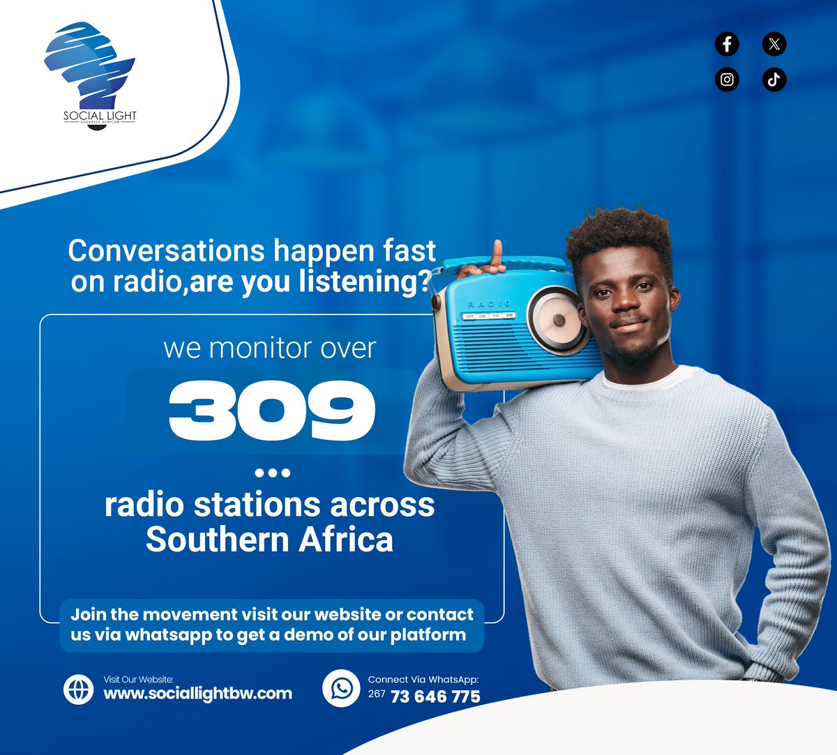 SocialLightBW's tweet photo. 𝐂𝐨𝐧𝐯𝐞𝐫𝐬𝐚𝐭𝐢𝐨𝐧𝐬 𝐡𝐚𝐩𝐩𝐞𝐧 𝐟𝐚𝐬𝐭 𝐨𝐧 𝐫𝐚𝐝𝐢𝐨 𝐚𝐫𝐞 𝐲𝐨𝐮 𝐥𝐢𝐬𝐭𝐞𝐧𝐢𝐧𝐠?

Social Light monitors over 309 radio stations across Southern Africa.

Join the movement → https://t.co/CtEcnUXqaF
#MediaMonitoring https://t.co/7mkRXGKLvQ
