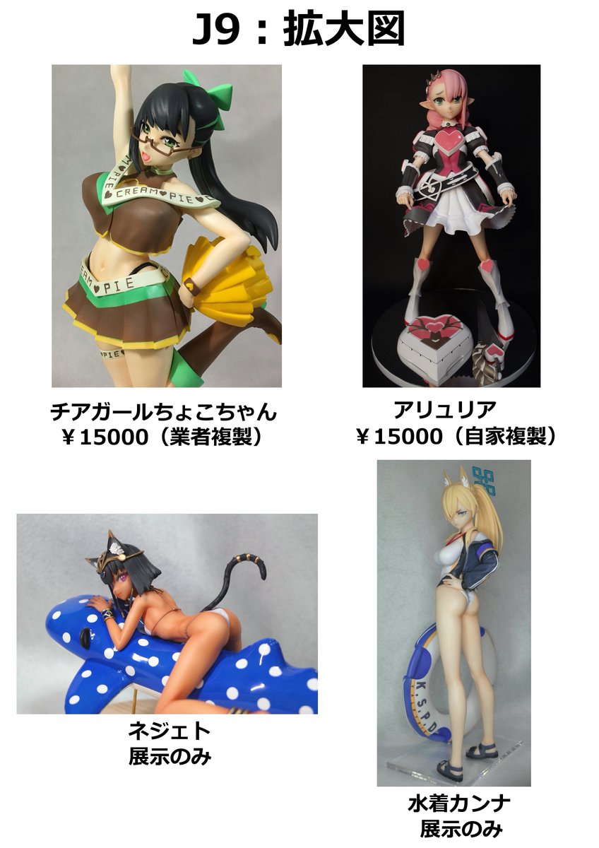 kakusyuuta2's tweet image. 6/7となりのモケイフェスティバル7
拡大図 卓番 J9
チアガールちょこちゃん ¥15000
アリュリア ¥15000
ネジェト 展示
水着カンナ 展示
よろしくお願いします
情無用の卓番と覚えてください
