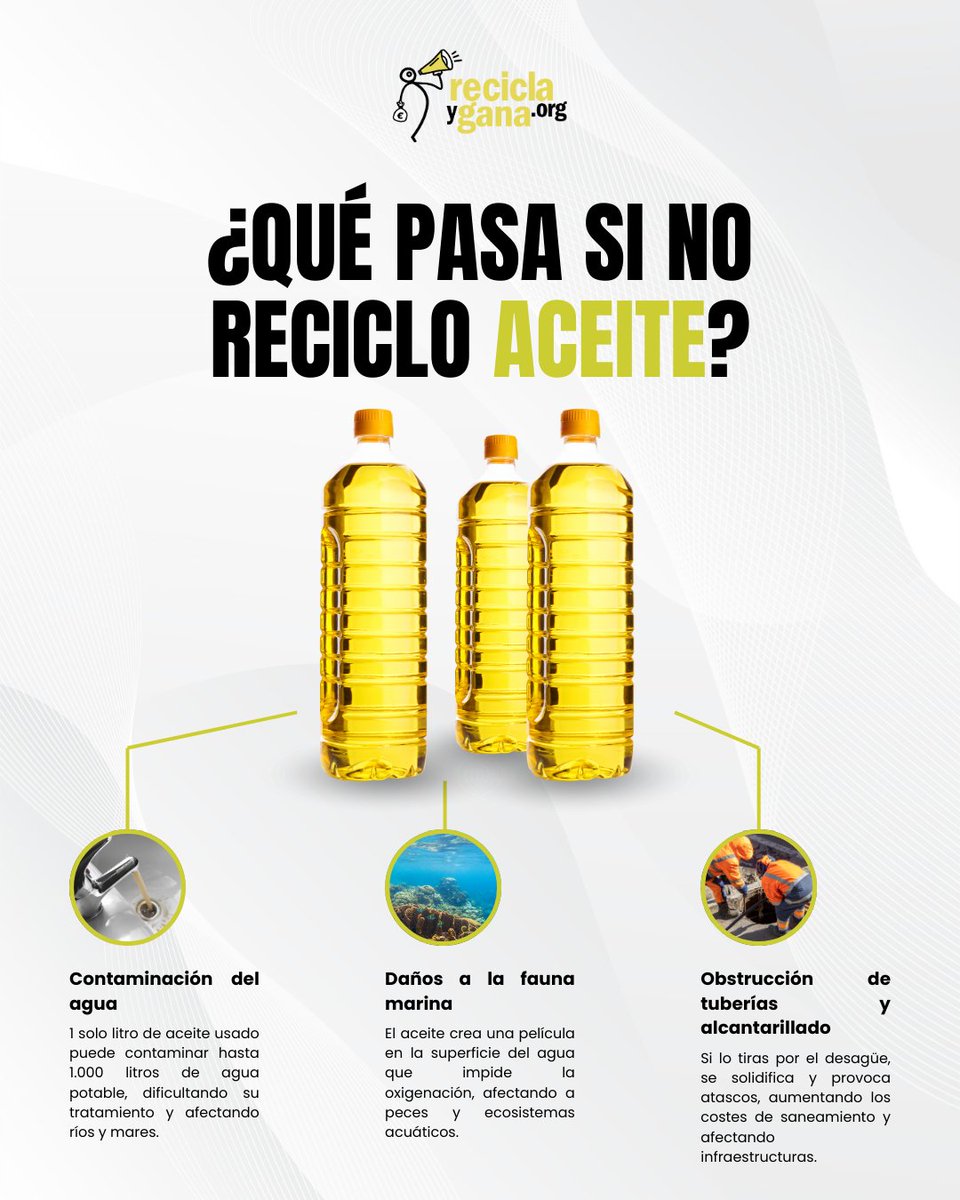 🟡 ¿Qué pasa si NO reciclo aceite? ❌🛢️

Tirar el aceite usado por el desagüe puede parecer inofensivo, pero tiene un alto costo para el medio ambiente y la infraestructura urbana

📲 Llévalo a un punto Recicla y Gana. ¡Cuidar el agua también es tu responsabilidad!

#ReciclaYGana