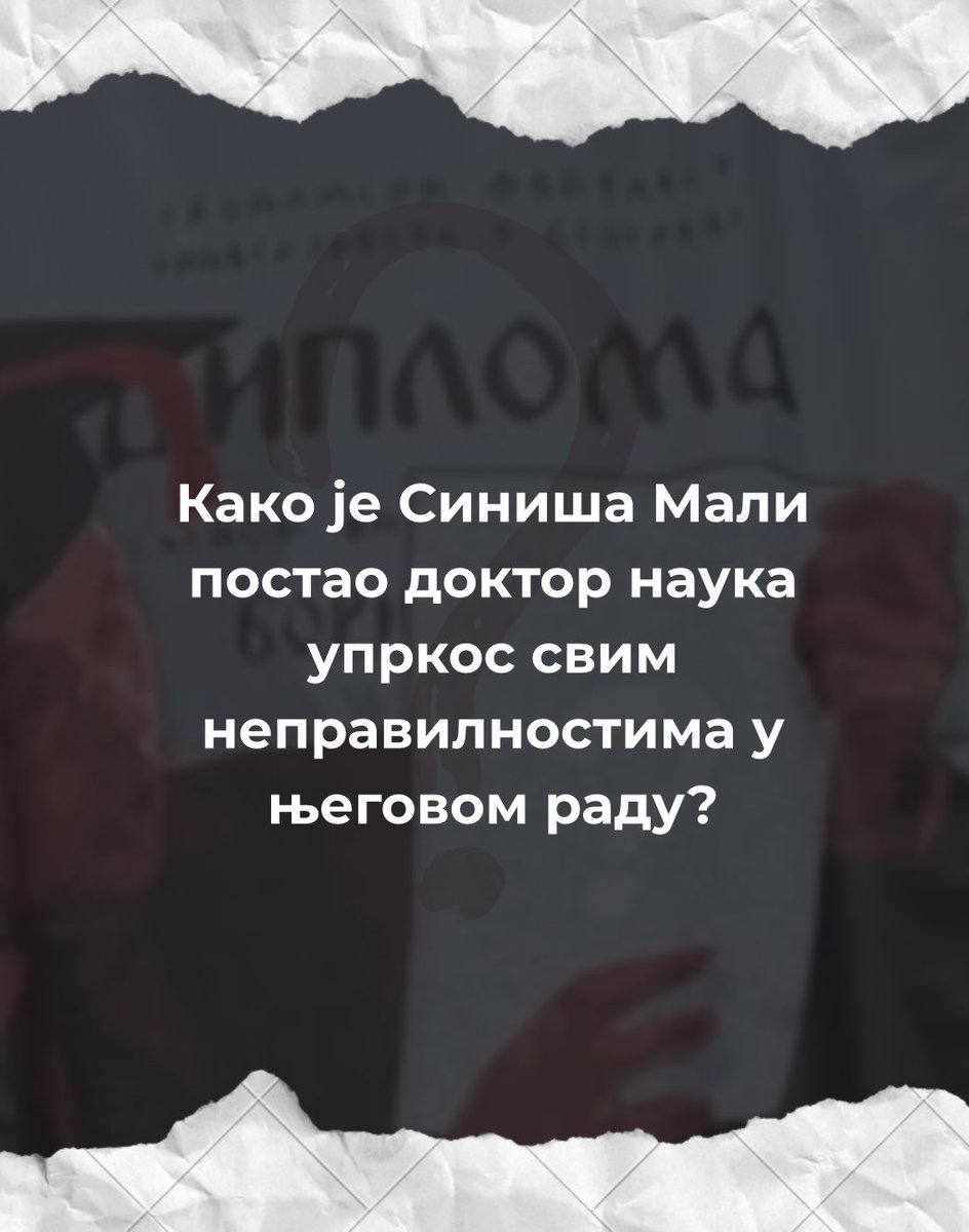 BlokadaFon's tweet photo. Како је Синиша Мали постао доктор наука?

На сајту Пешчаник, 2014. године, Раша Карапанџа оспорио је докторат Синише Малог. Уочено је преузимање садржаја из разних извора, док исти нису наведени у раду. Мали је свој докторат „бранио“ на Факултету организационих наука. Малом никада није уручена диплома доктора наука. Прошло је 11 година од тада, а случај још увек није добио судско решење.

#KoJeTebiKriv