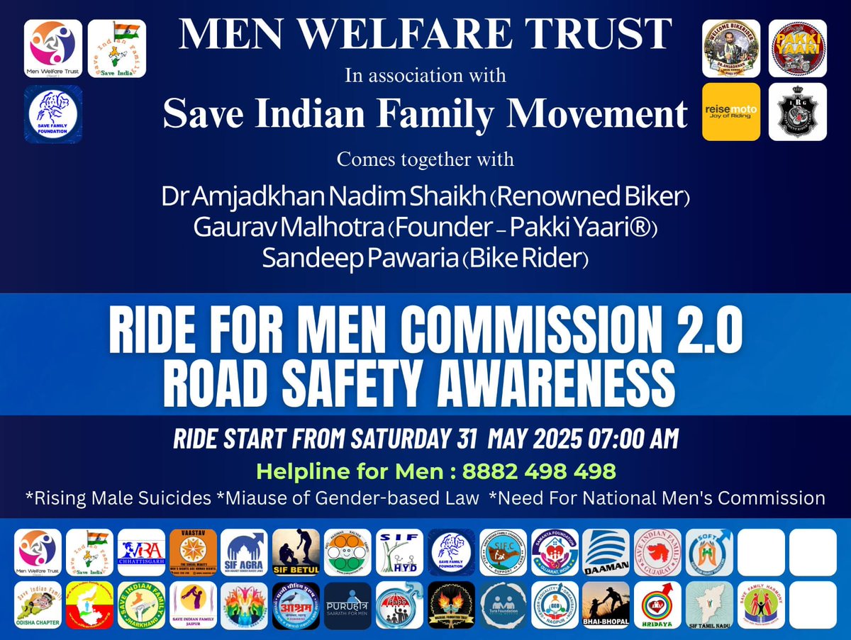 Men Welfare Trust (@menwelfare) on Twitter photo #Ride4MensCommission 2.0
In association with <a href="/WeAreSIF/">SIFMovement</a>
We are excited to announce our National Wide Bike Ride
For Demand #MensCommission
And #RoadSafety
From All over India , 100+ Bike Rider Groups are joining this Ride #Ride4MensCommission 2.0
In association with <a href="/WeAreSIF/">SIFMovement</a>
We are excited to announce our National Wide Bike Ride
For Demand #MensCommission
And #RoadSafety
From All over India , 100+ Bike Rider Groups are joining this Ride